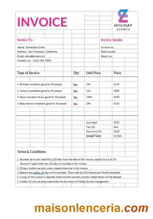 Szablon faktury Event Planner w formatach Word i PDF